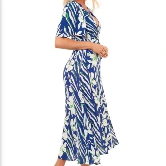 French Connection Blue Diah Wrap Midi Dress Floral Ruffle Short Sleeve Sz 10 - Picture 2 of 7